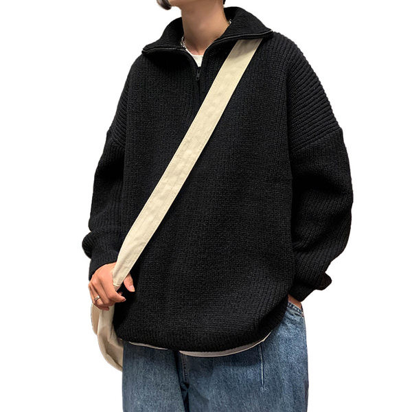 Φαρδύ μοντέλο ανδρικό πουλόβερ με ψηλό γιακά πόλο και φερμουάρ