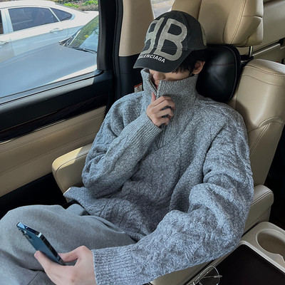 Vīriešu pulovers ar augstu apkakli un rāvējslēdzēju trīs krāsās