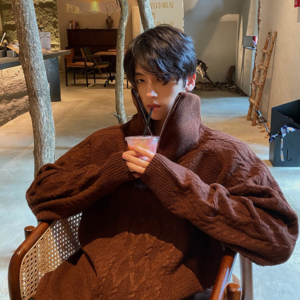 Vīriešu pulovers ar augstu apkakli un rāvējslēdzēju trīs krāsās