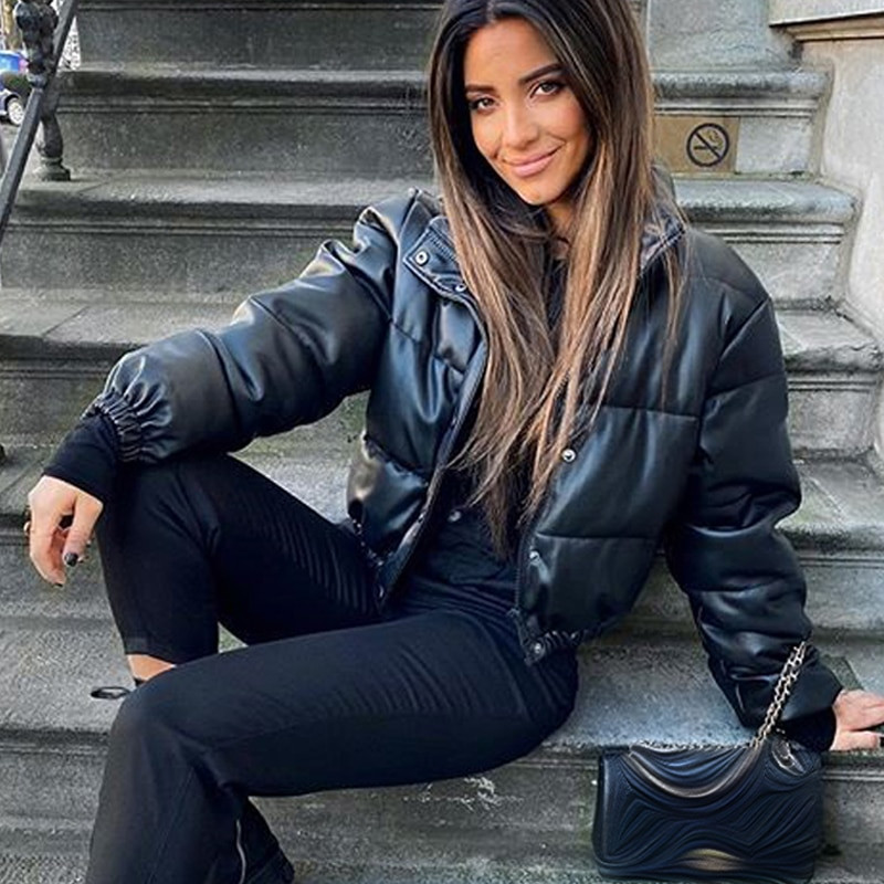 CP Zimske debele tople kratke parke Ženske modne crne PU kožne kapute Ženske elegantne pamučne jakne s patentnim zatvaračem Ženske dame
