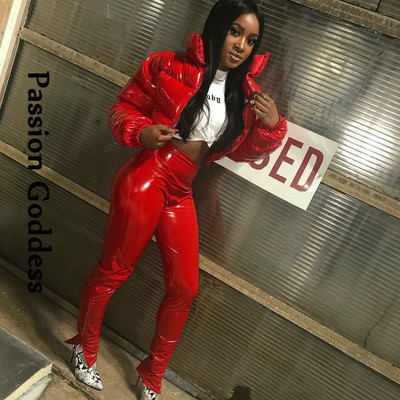 Modes jauka sieviešu spilgta PU rozā kārta jaka Ziemas silti burbuļu mēteļi spīdīgas ādas parkas uz leju rāvējslēdzējs apgriezts jakas Parkas