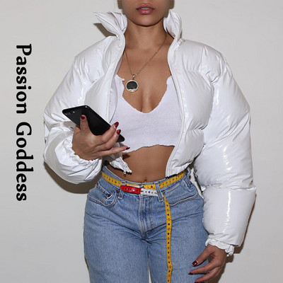 Modes jauka sieviešu spilgta PU rozā kārta jaka Ziemas silti burbuļu mēteļi spīdīgas ādas parkas uz leju rāvējslēdzējs apgriezts jakas Parkas