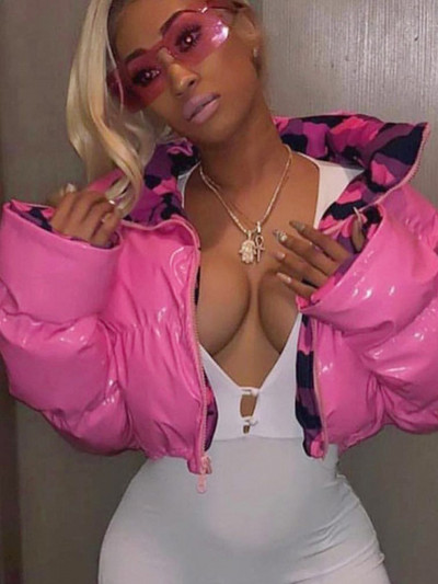 Modes jauka sieviešu spilgta PU rozā kārta jaka Ziemas silti burbuļu mēteļi spīdīgas ādas parkas uz leju rāvējslēdzējs apgriezts jakas Parkas