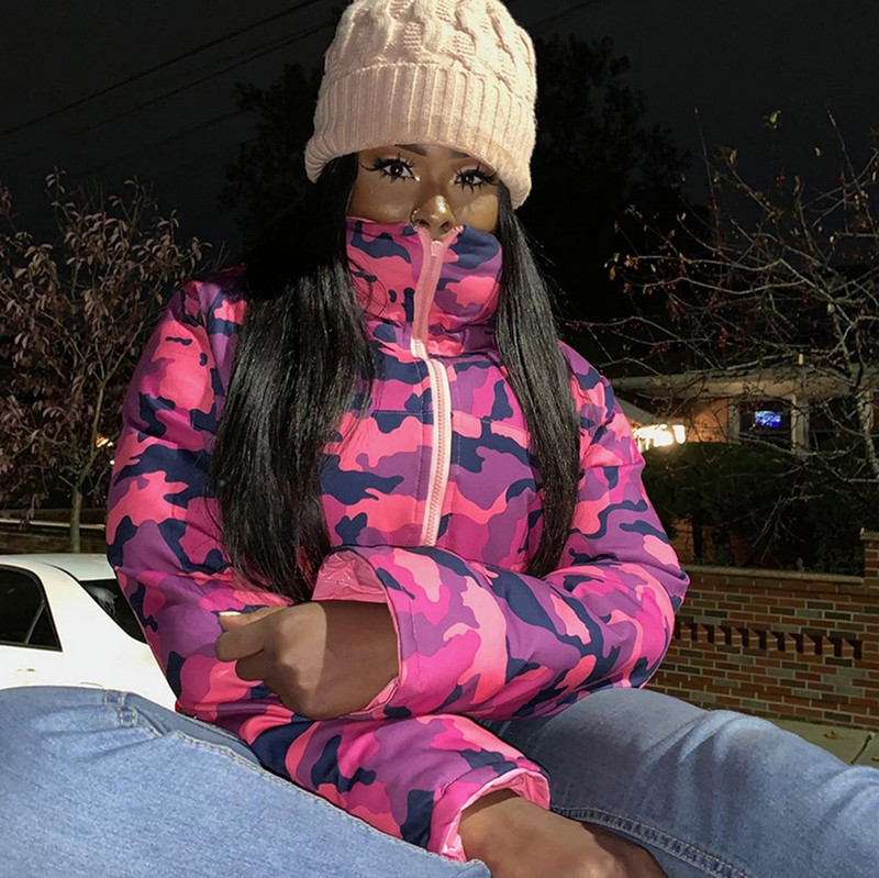 Modes jauka sieviešu spilgta PU rozā kārta jaka Ziemas silti burbuļu mēteļi spīdīgas ādas parkas uz leju rāvējslēdzējs apgriezts jakas Parkas