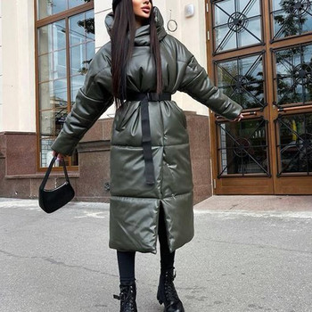 Malina Hooded PU Parkas Γυναικεία παλτό με ζώνη γραβάτα Γυναικεία Κομψά μασίφ δέρμα από συνθετικό δέρμα Λεπτό μακριά βαμβακερά μπουφάν Γυναικεία Γυναικεία