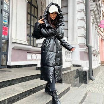 Malina Hooded PU Parkas Γυναικεία παλτό με ζώνη γραβάτα Γυναικεία Κομψά μασίφ δέρμα από συνθετικό δέρμα Λεπτό μακριά βαμβακερά μπουφάν Γυναικεία Γυναικεία