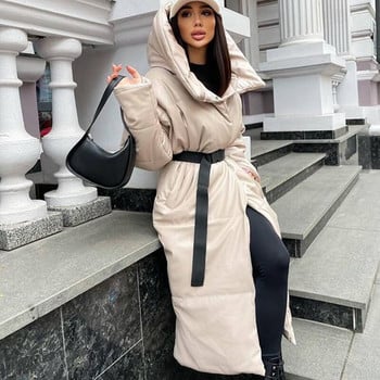 Malina Hooded PU Parkas Γυναικεία παλτό με ζώνη γραβάτα Γυναικεία Κομψά μασίφ δέρμα από συνθετικό δέρμα Λεπτό μακριά βαμβακερά μπουφάν Γυναικεία Γυναικεία