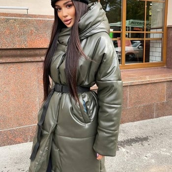 Malina Hooded PU Parkas Γυναικεία παλτό με ζώνη γραβάτα Γυναικεία Κομψά μασίφ δέρμα από συνθετικό δέρμα Λεπτό μακριά βαμβακερά μπουφάν Γυναικεία Γυναικεία