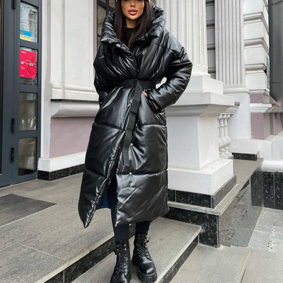 Malina Hooded PU Parkas Γυναικεία παλτό με ζώνη γραβάτα Γυναικεία Κομψά μασίφ δέρμα από συνθετικό δέρμα Λεπτό μακριά βαμβακερά μπουφάν Γυναικεία Γυναικεία