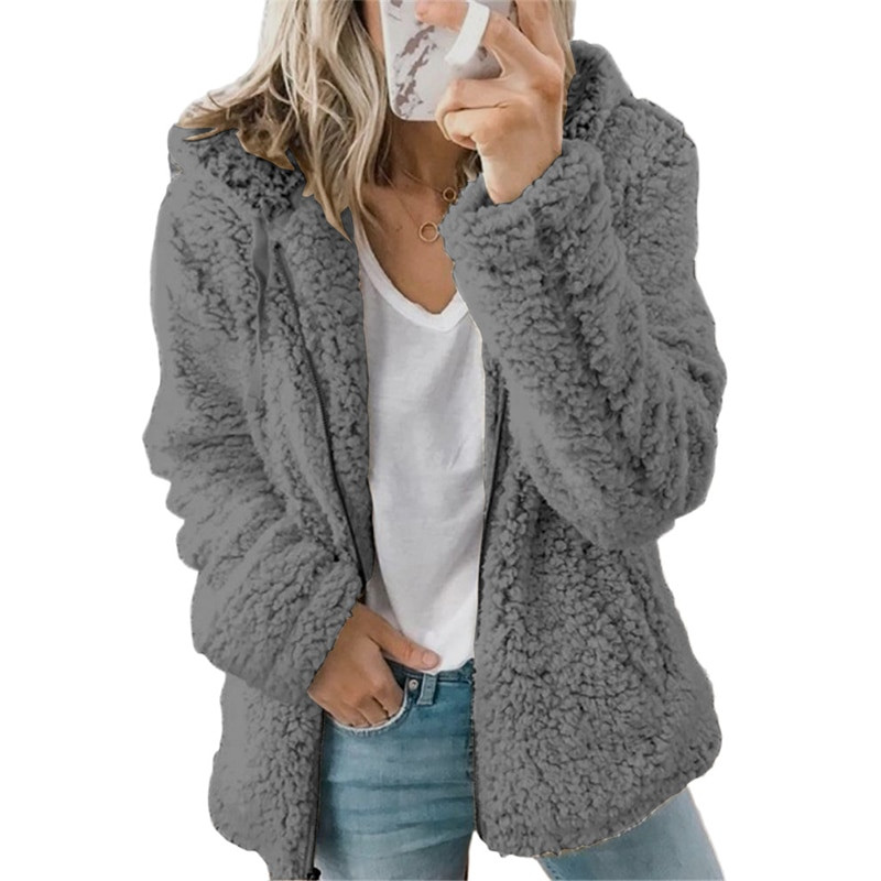 Elegantne kaisukaru kapuuts Naiste kunstkarusnahast mantel Sügistalv soe pehme kapuutsiga fliisjakk Naiste Palus mantel Paks ülerõivad