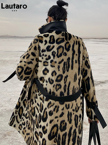 Lautaro Winter Long Leopard Print Ζεστό παλτό από ψεύτικη γούνα καμπαρντίνα για γυναίκες με μακρυμάνικο διπλό στήθος Ευρωπαϊκή μόδα 2021