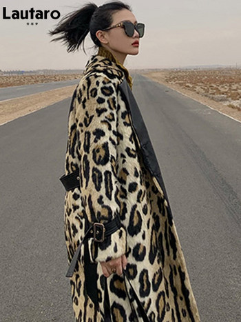 Lautaro Winter Long Leopard Print Ζεστό παλτό από ψεύτικη γούνα καμπαρντίνα για γυναίκες με μακρυμάνικο διπλό στήθος Ευρωπαϊκή μόδα 2021