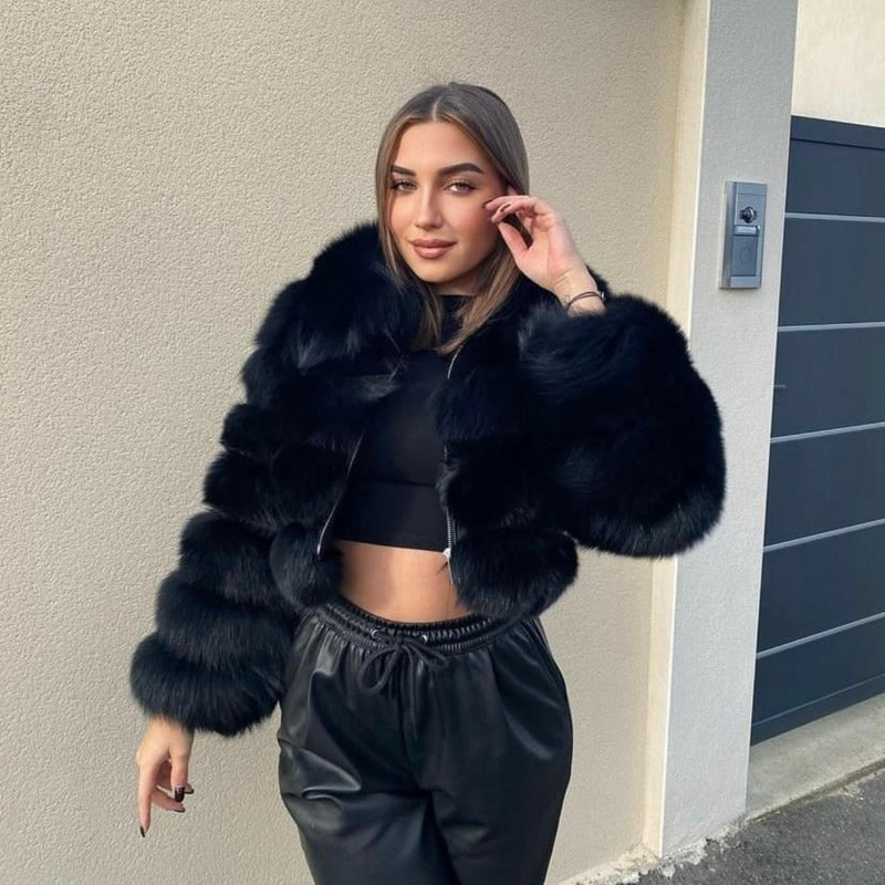 Ležerna bijela crna paperjasta jesen-zima jakna od umjetnog krzna Ženska jakna dugih rukava Skraćena pufer jakna za žensku gornju odjeću