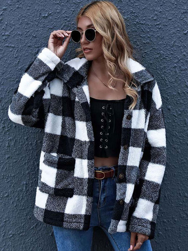 Rudens ziemas rūtains mākslīgās kažokādas mētelis sieviešu rūtainā biezā siltā jaka sievietēm pūkaina pūkaina rotaļu jaka plīša mētelis sievietēm