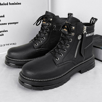 Ανδρικές στρογγυλεμένες μπότες από οικολογικό δέρμα - μαύρο και καφέ χρώμα