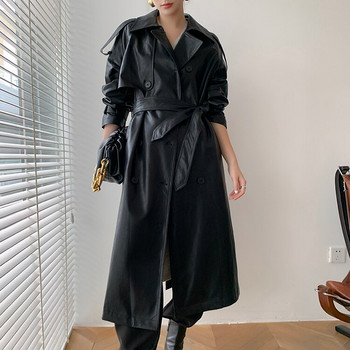 Korea Runway Designer 2022 Φθινόπωρο/Φθινόπωρο δερμάτινο Maxi Long Trench Coat με ζώνη Chic Γυναικείο Windbreaker Classic