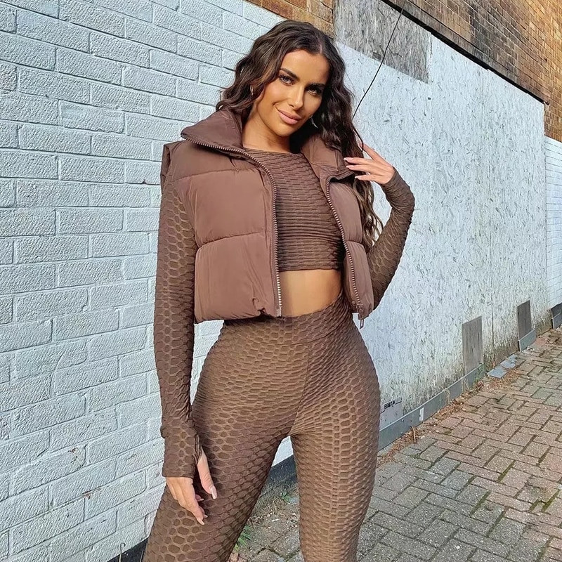 Új puffos mellény női, cipzáras, álló gallér, ujjatlan könnyű, párnázott, nyírt pufferes steppelt mellény téli meleg kabát