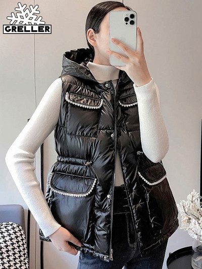 Ziemas vestes ar kapuci sievietēm Modes aukliņas pērles sievietēm Elegantas rudens ziemas īsās vestes Sieviešu Sieviešu veste Polsterēta veste