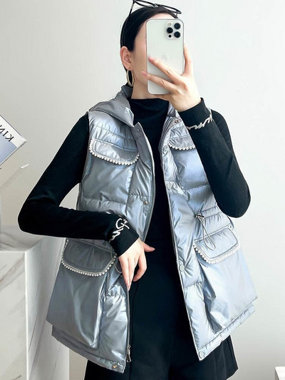 Ziemas vestes ar kapuci sievietēm Modes aukliņas pērles sievietēm Elegantas rudens ziemas īsās vestes Sieviešu Sieviešu veste Polsterēta veste