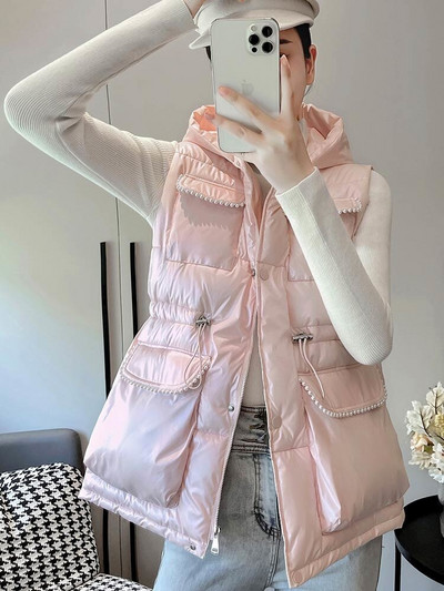 Ziemas vestes ar kapuci sievietēm Modes aukliņas pērles sievietēm Elegantas rudens ziemas īsās vestes Sieviešu Sieviešu veste Polsterēta veste