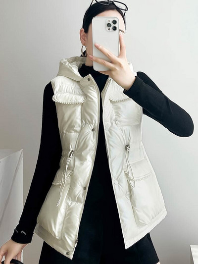 Ziemas vestes ar kapuci sievietēm Modes aukliņas pērles sievietēm Elegantas rudens ziemas īsās vestes Sieviešu Sieviešu veste Polsterēta veste