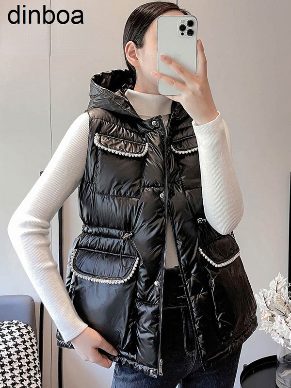 Ziemas vestes ar kapuci sievietēm Modes aukliņas pērles sievietēm Elegantas rudens ziemas īsās vestes Sieviešu Sieviešu veste Polsterēta veste