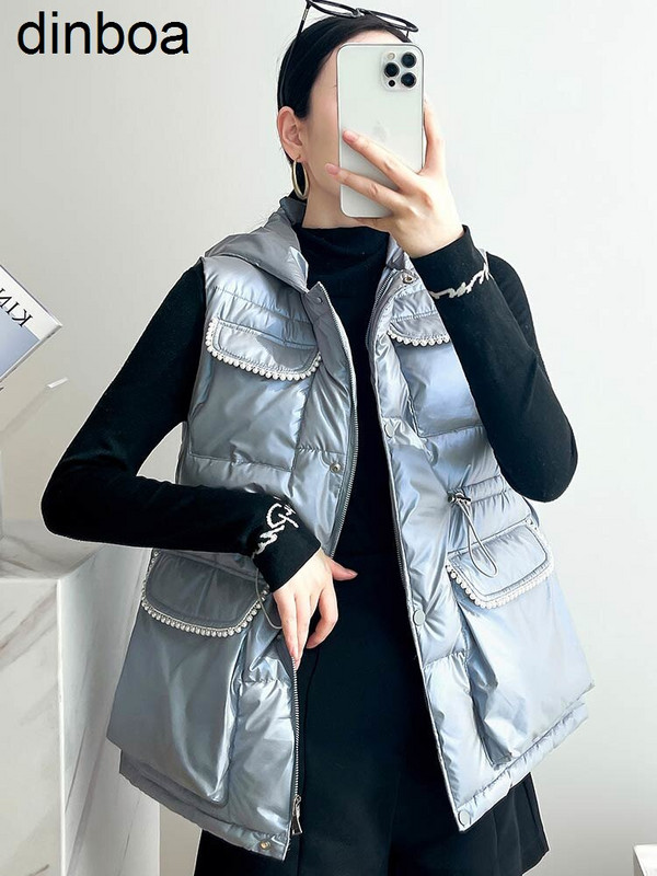 Ziemas vestes ar kapuci sievietēm Modes aukliņas pērles sievietēm Elegantas rudens ziemas īsās vestes Sieviešu Sieviešu veste Polsterēta veste