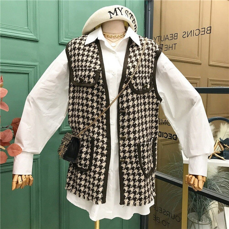 Κοστούμι υψηλής ποιότητας μονόχρωμη απλή γυναικεία μπλούζα + κομψά φύλλα Λεπτή μέση καρό με επένδυση συνονθύλευμα γιλέκο παλτό 2 τεμαχίων σετ μπλούζες