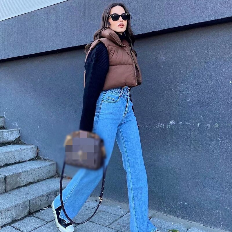 Sieviešu pufīga veste ar rāvējslēdzēju stāvoša apkakle Bez piedurknēm, liela izmēra viegla, polsterēta, apgriezta, stepēta veste, silta ziemas mēteļa jaka