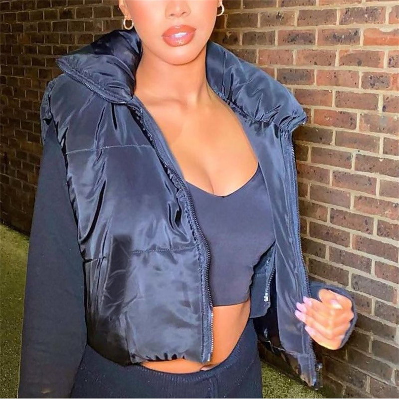 Ženska zimska topla jednobojna kratka jakna bez rukava i ovratnika s dvostranom laganom pufer vestom 2022. Ulična odjeća