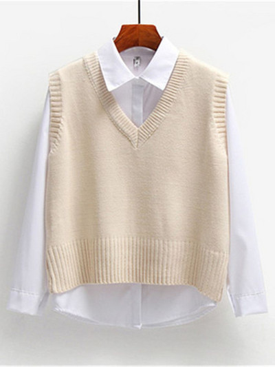 Γυναικείο γιλέκο πουλόβερ Άνοιξη 2021 Φθινόπωρο Γυναικείο κοντό φαρδύ πλεκτό πουλόβερ Γυναικείο αμάνικο πουλόβερ με λαιμόκοψη V γυναικεία πανωφόρια