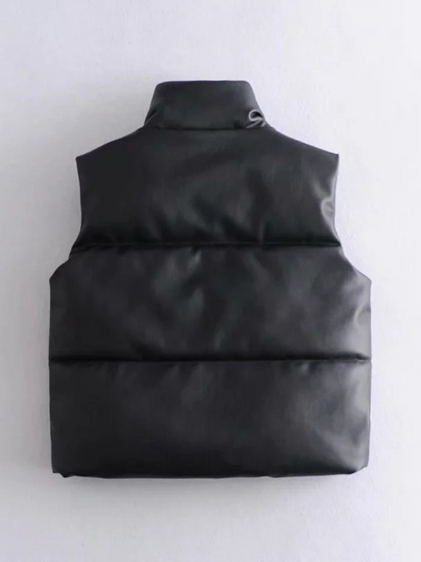 Γυναικείο φουσκωτό γιλέκο πουπουλένιο γιλέκο μαύρο Pu δερμάτινο γιλέκο Γυναικείο παλτό Φθινοπωρινό χειμερινό πανωφόρι φουσκωτό γιλέκο Γυναικείο αμάνικο μπουφάν