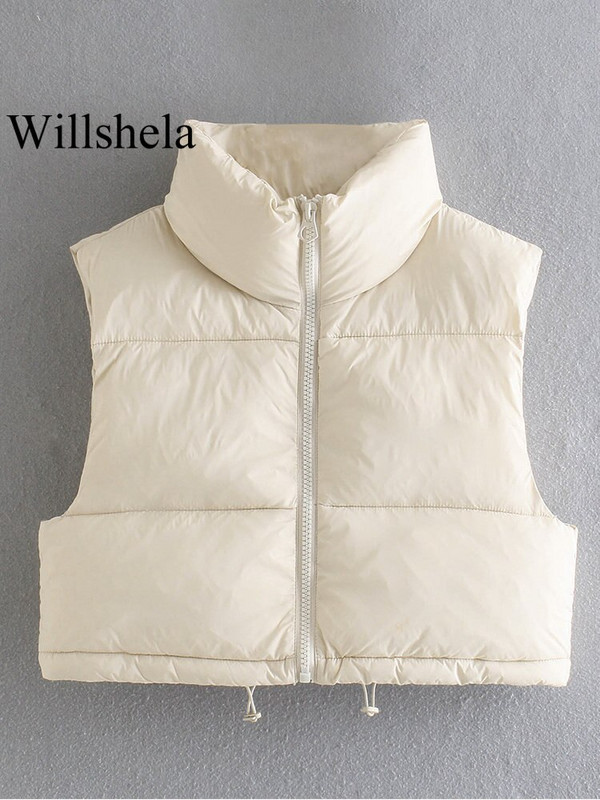 Willshela Γυναικεία μόδα με ψηλό λαιμό κομμένο γιλέκο φουσκωτό γιλέκο casual γυναικείο αμάνικο μπουφάν Chic lady Χειμερινά ζεστά ρούχα
