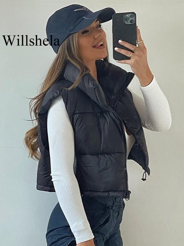 Willshela Γυναικεία μόδα με ψηλό λαιμό κομμένο γιλέκο φουσκωτό γιλέκο casual γυναικείο αμάνικο μπουφάν Chic lady Χειμερινά ζεστά ρούχα
