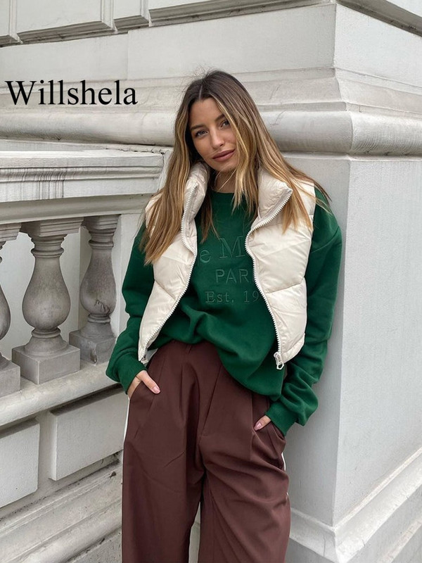 Willshela Γυναικεία μόδα με ψηλό λαιμό κομμένο γιλέκο φουσκωτό γιλέκο casual γυναικείο αμάνικο μπουφάν Chic lady Χειμερινά ζεστά ρούχα