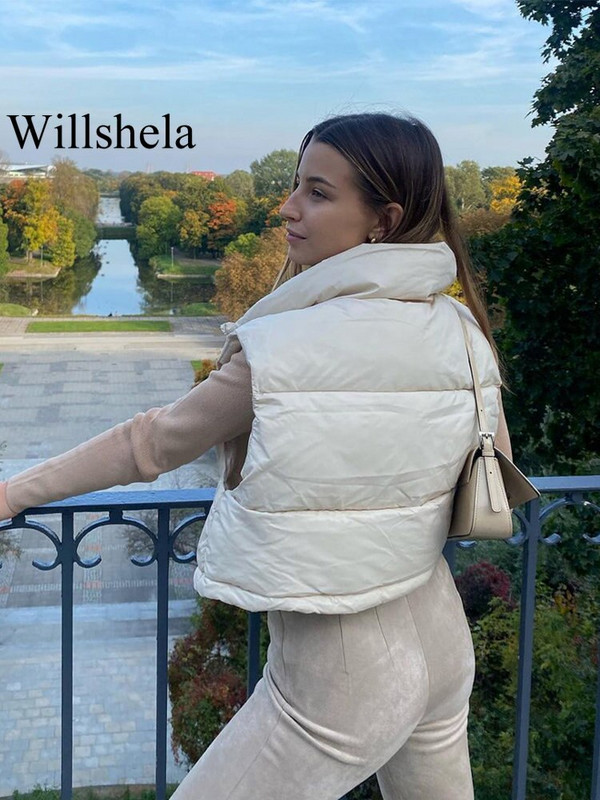 Willshela Γυναικεία μόδα με ψηλό λαιμό κομμένο γιλέκο φουσκωτό γιλέκο casual γυναικείο αμάνικο μπουφάν Chic lady Χειμερινά ζεστά ρούχα