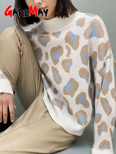 Χειμερινό γυναικείο πουλόβερ 2022 Leopard Print Animal Basic Λευκό ζιβάγκο Oversize Jumper Vintage Ζεστά πλεκτά πουλόβερ για γυναίκες