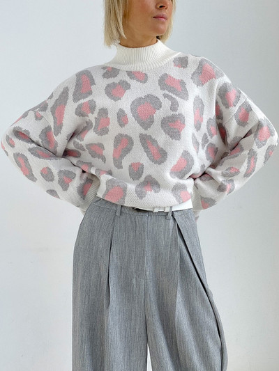 Χειμερινό γυναικείο πουλόβερ 2022 Leopard Print Animal Basic Λευκό ζιβάγκο Oversize Jumper Vintage Ζεστά πλεκτά πουλόβερ για γυναίκες