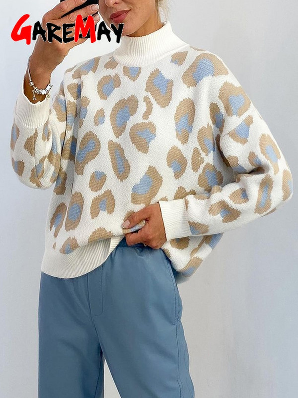 Χειμερινό γυναικείο πουλόβερ 2022 Leopard Print Animal Basic Λευκό ζιβάγκο Oversize Jumper Vintage Ζεστά πλεκτά πουλόβερ για γυναίκες