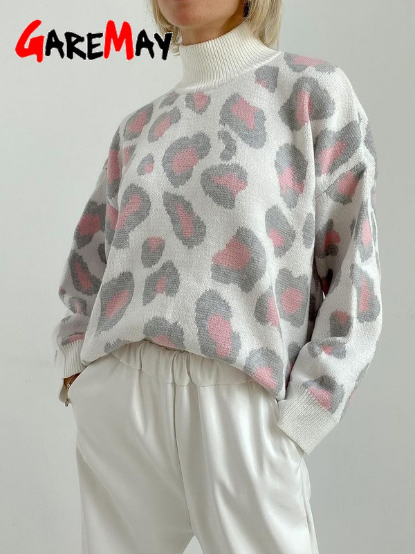 Χειμερινό γυναικείο πουλόβερ 2022 Leopard Print Animal Basic Λευκό ζιβάγκο Oversize Jumper Vintage Ζεστά πλεκτά πουλόβερ για γυναίκες