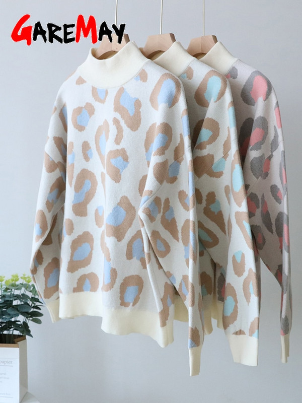 Χειμερινό γυναικείο πουλόβερ 2022 Leopard Print Animal Basic Λευκό ζιβάγκο Oversize Jumper Vintage Ζεστά πλεκτά πουλόβερ για γυναίκες