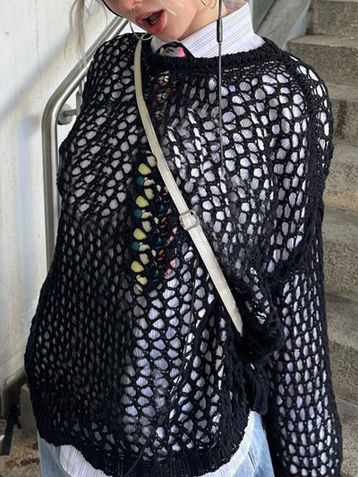 Y2K Harajuku Hollow Out Knit Πουλόβερ Crewnneck Φθινοπωρινό Vintage Fairycore Grunge Κορυφαία μόδα ρετρό smock πουλόβερ Cuteandpsycho