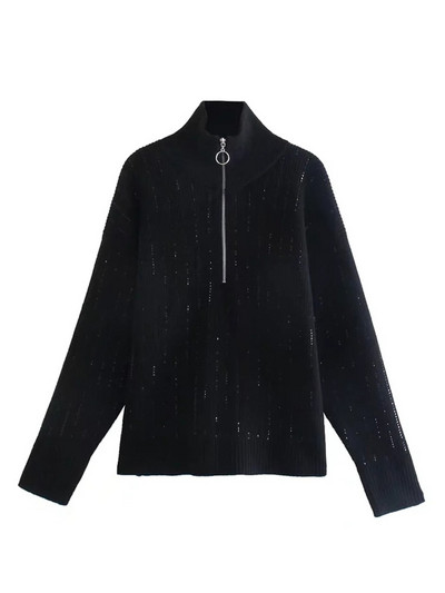 TRAF sieviešu modes brīvi svītraini asimetrijas trikotāžas džemperi ar garām piedurknēm ar rāvējslēdzēju sieviešu džemperi, eleganti topi