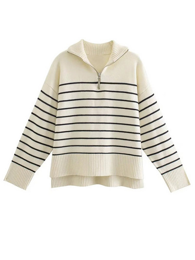 TRAF sieviešu modes brīvi svītraini asimetrijas trikotāžas džemperi ar garām piedurknēm ar rāvējslēdzēju sieviešu džemperi, eleganti topi