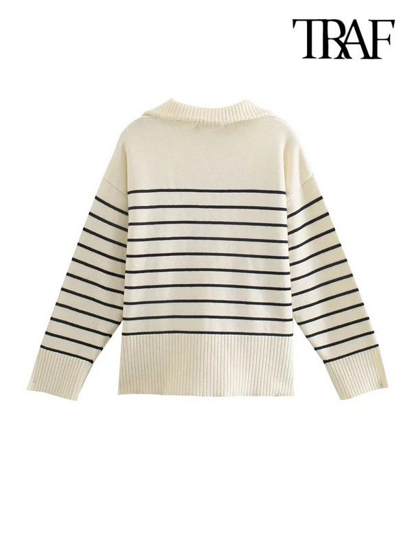 TRAF sieviešu modes brīvi svītraini asimetrijas trikotāžas džemperi ar garām piedurknēm ar rāvējslēdzēju sieviešu džemperi, eleganti topi