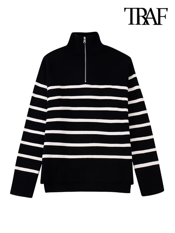 TRAF sieviešu modes brīvi svītraini asimetrijas trikotāžas džemperi ar garām piedurknēm ar rāvējslēdzēju sieviešu džemperi, eleganti topi