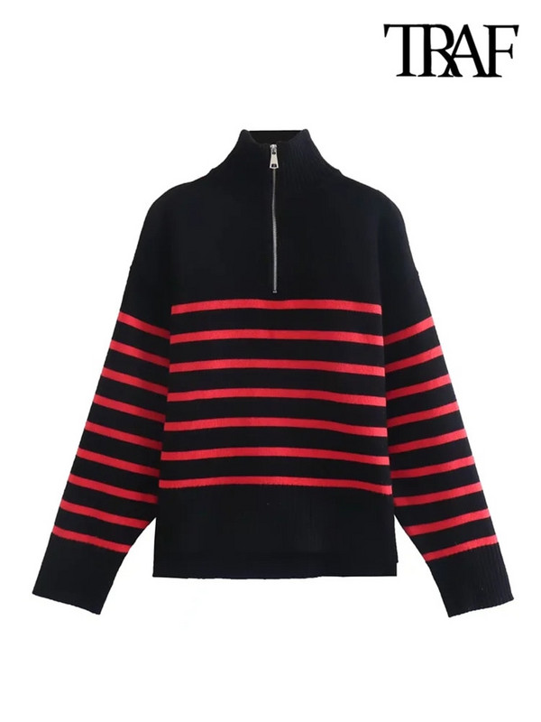 TRAF sieviešu modes brīvi svītraini asimetrijas trikotāžas džemperi ar garām piedurknēm ar rāvējslēdzēju sieviešu džemperi, eleganti topi