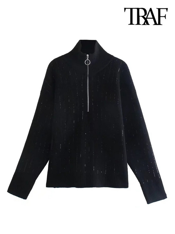 TRAF sieviešu modes brīvi svītraini asimetrijas trikotāžas džemperi ar garām piedurknēm ar rāvējslēdzēju sieviešu džemperi, eleganti topi