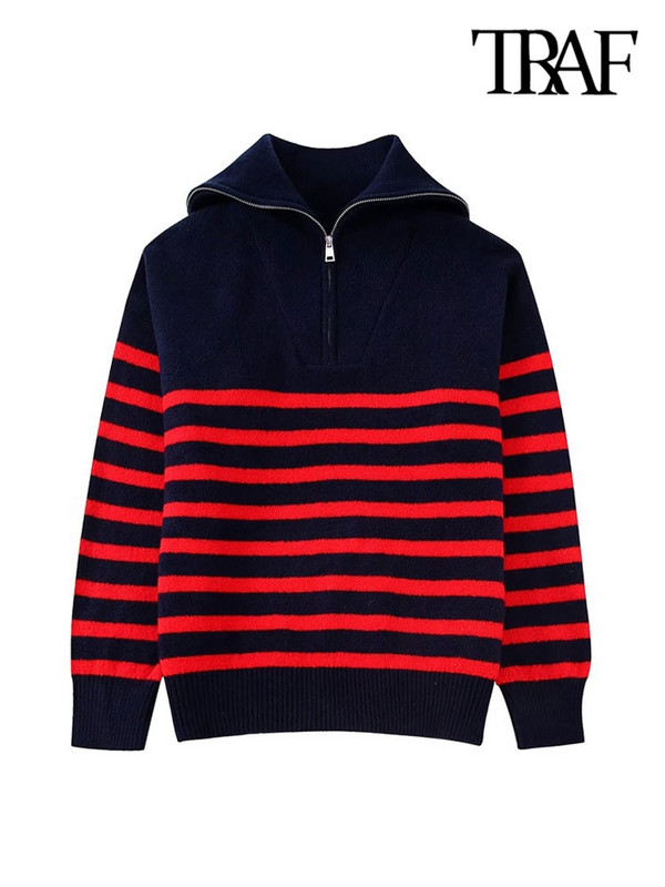 TRAF sieviešu modes brīvi svītraini asimetrijas trikotāžas džemperi ar garām piedurknēm ar rāvējslēdzēju sieviešu džemperi, eleganti topi