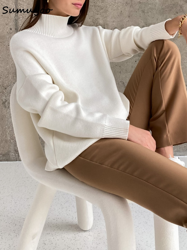 Sumuyoo Γυναικείο πουλόβερ με ζιβάγκο CHIC Φθινοπωρινό Χειμώνα Χοντρό Ζεστό Πουλόβερ Top Oversized Casual Loose πλεκτό πουλόβερ Γυναικείο τράβηγμα